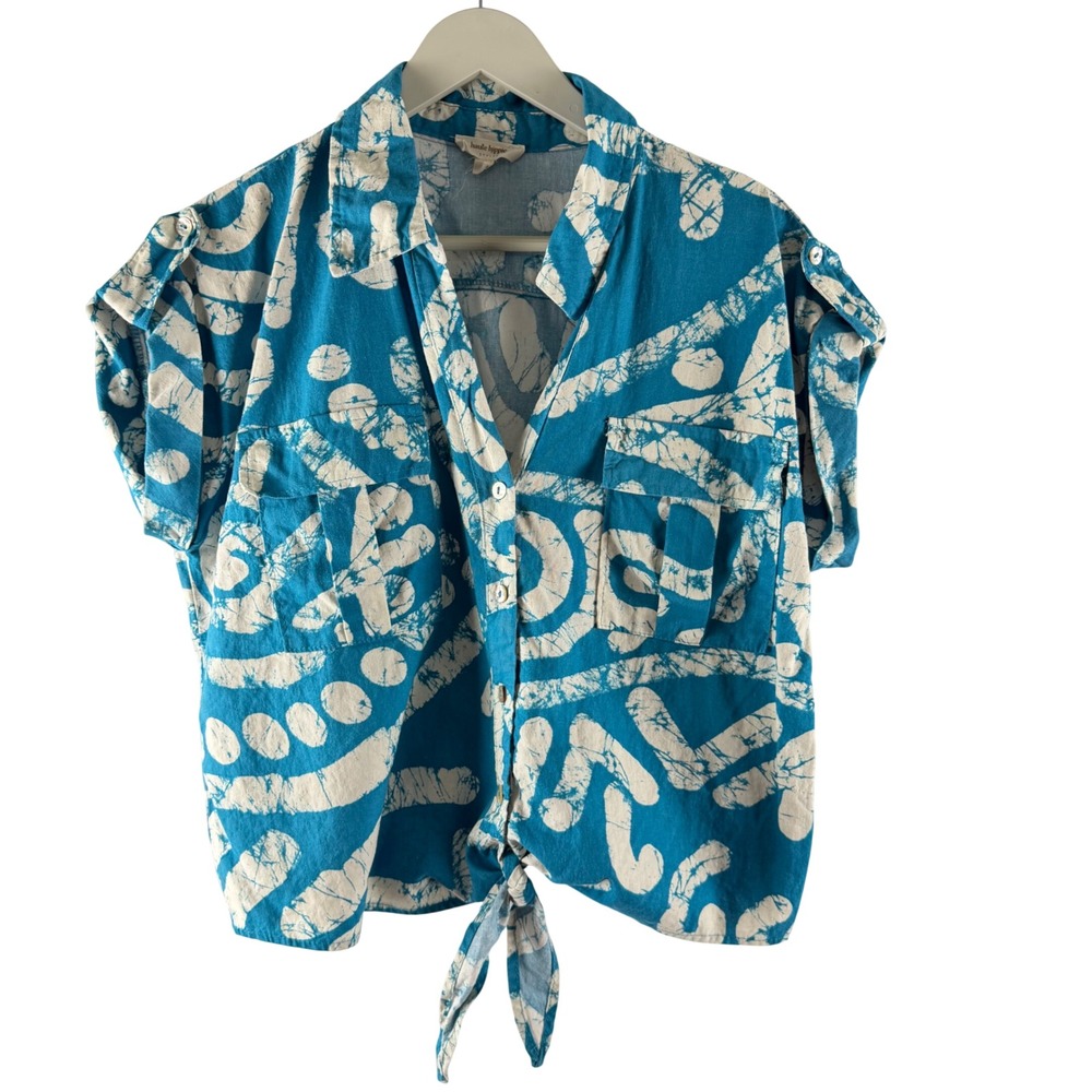 Haute Hippie Teal White Batik Print Tie Front Cropped Boxy Blouse Womens L Tiki